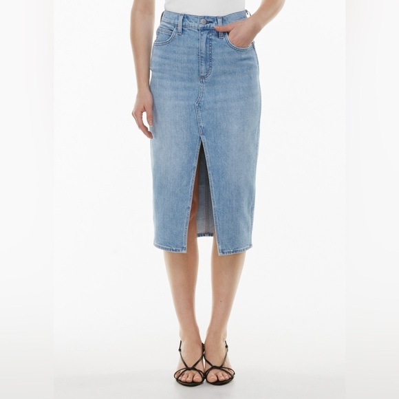 DENIM FORUM The '90s Halle Stretch Denim High Waisted Midi Skirt Size 28 - Picture 2 of 15